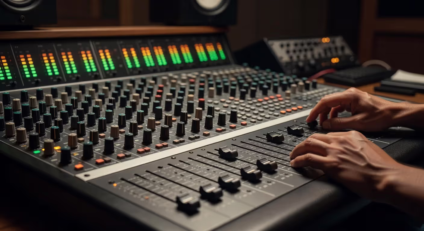 Audio engineer adjusting multiple track levels on mixing console