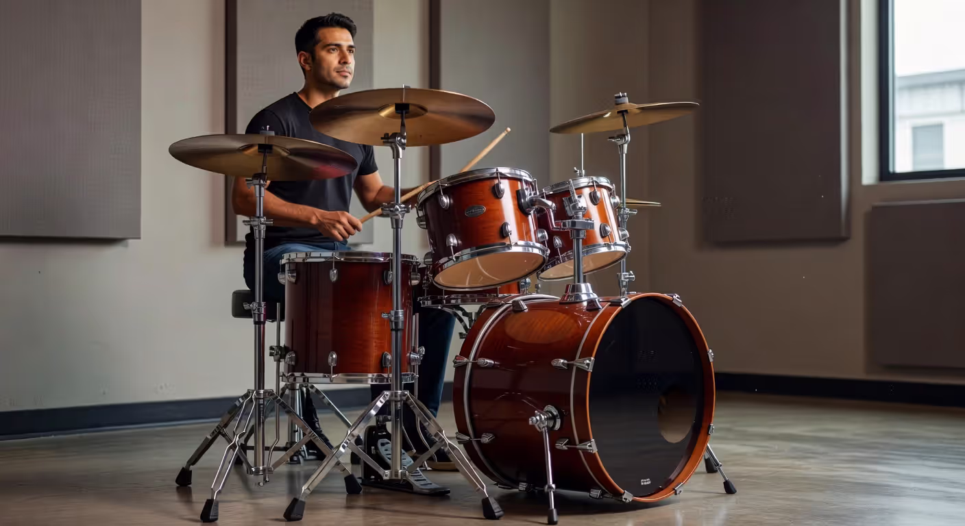 Ergonomic drum kit arrangement showing proper positioning