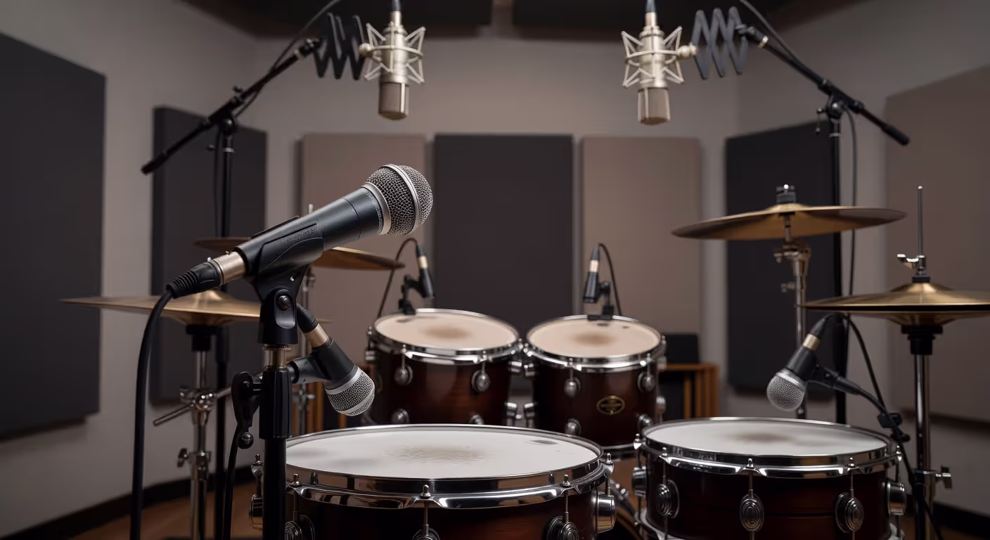 Professional drum miking setup showing microphone placement