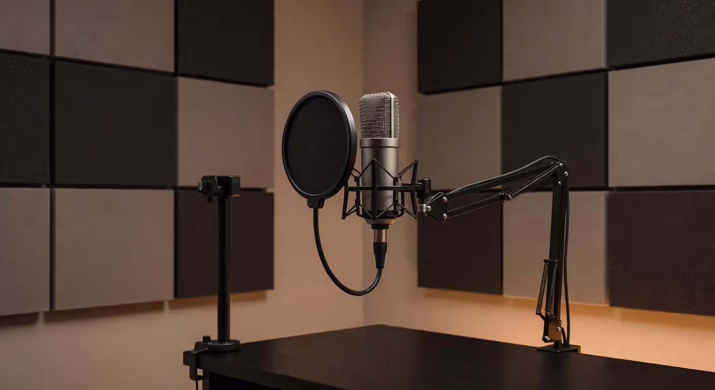 Studio microphone setup with pop filter for vocal recording