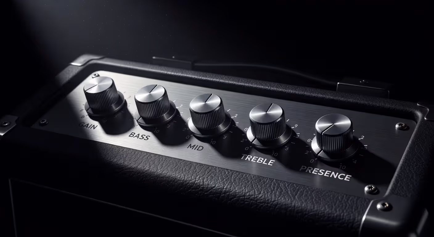 High gain amplifier control panel with EQ knobs