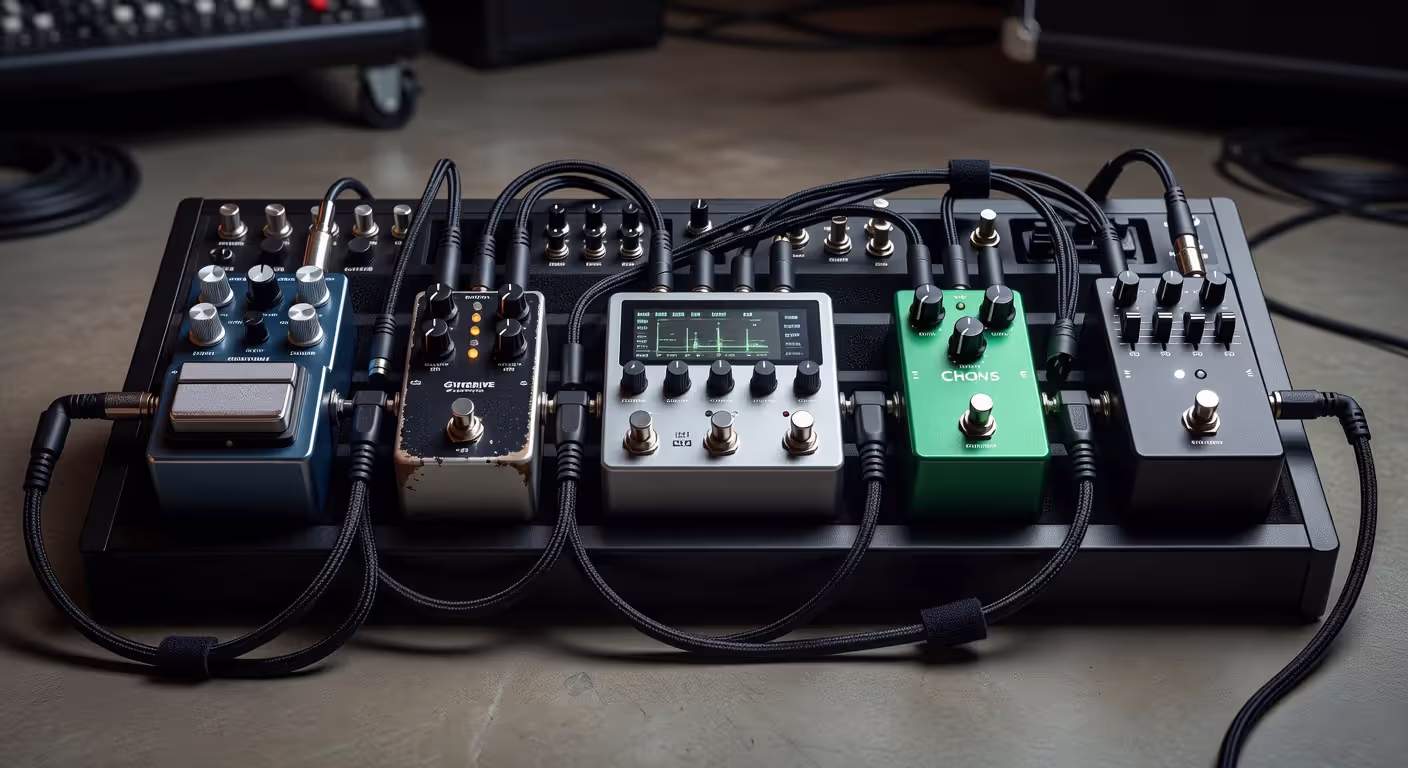 Bass guitar pedalboard with effects pedals connected in signal chain