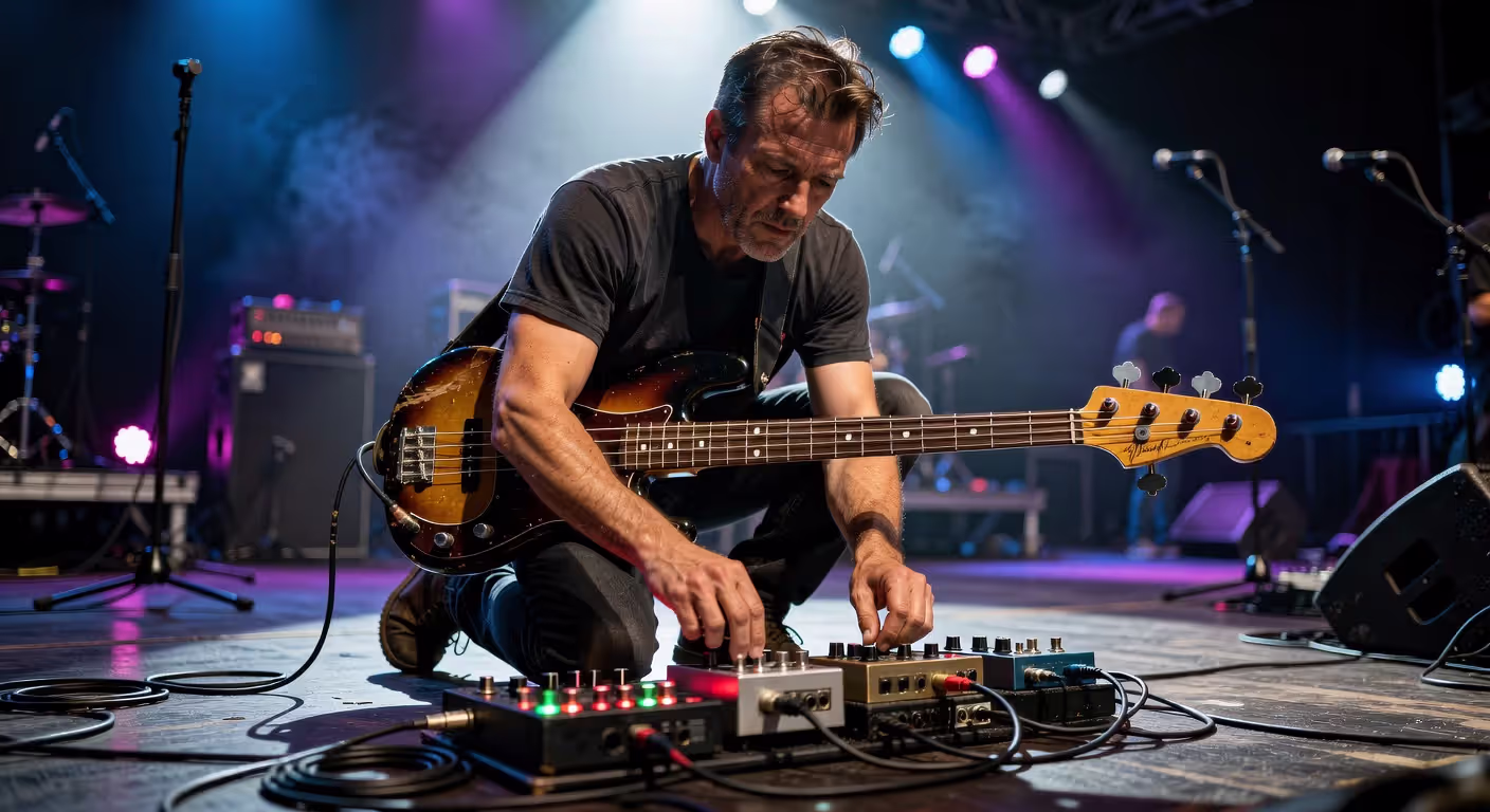 Bass player using effects pedals on stage during live performance