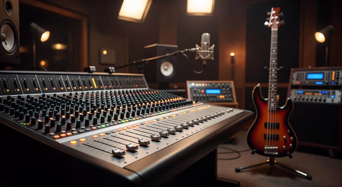 Recording studio setup with bass guitar and mixing equipment