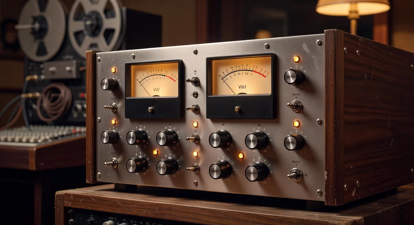 Analog compressor hardware with VU meters displaying gain reduction