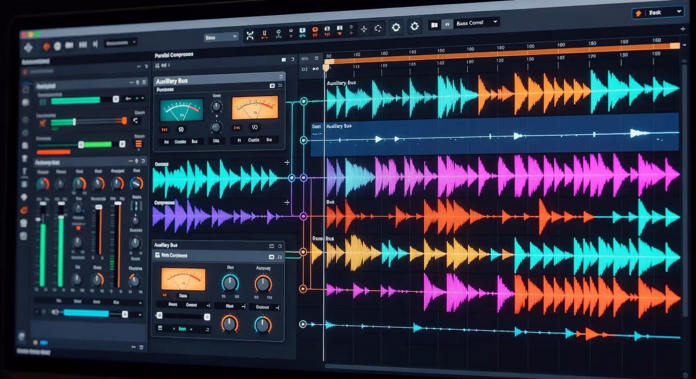 DAW interface displaying parallel compression routing for bass guitar