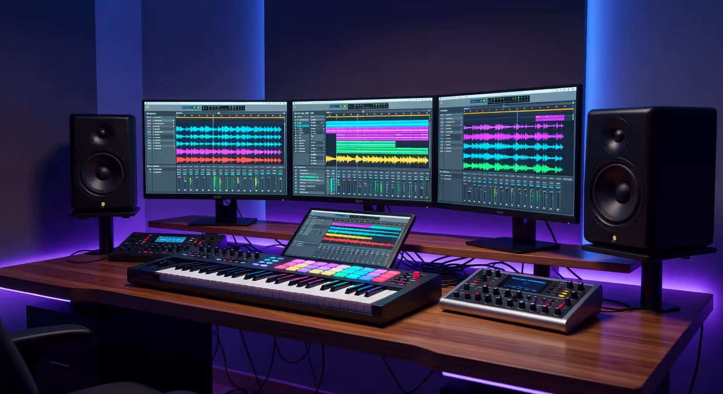 Professional beat making setup with DAW and equipment
