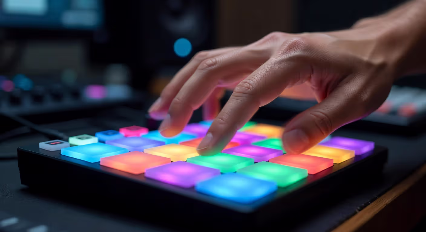 Producer using MIDI pad controller for beat making