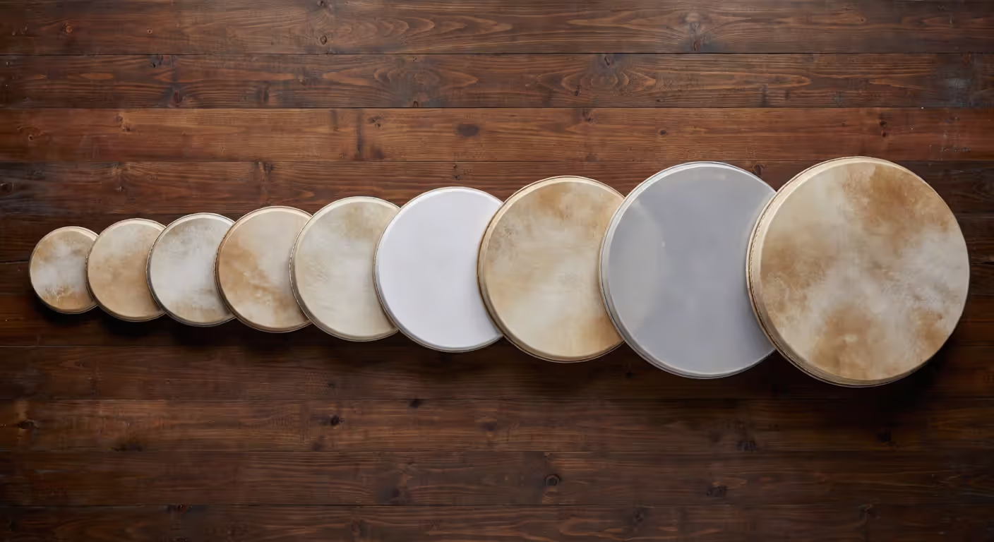 Various sizes of conga drumheads for comparison