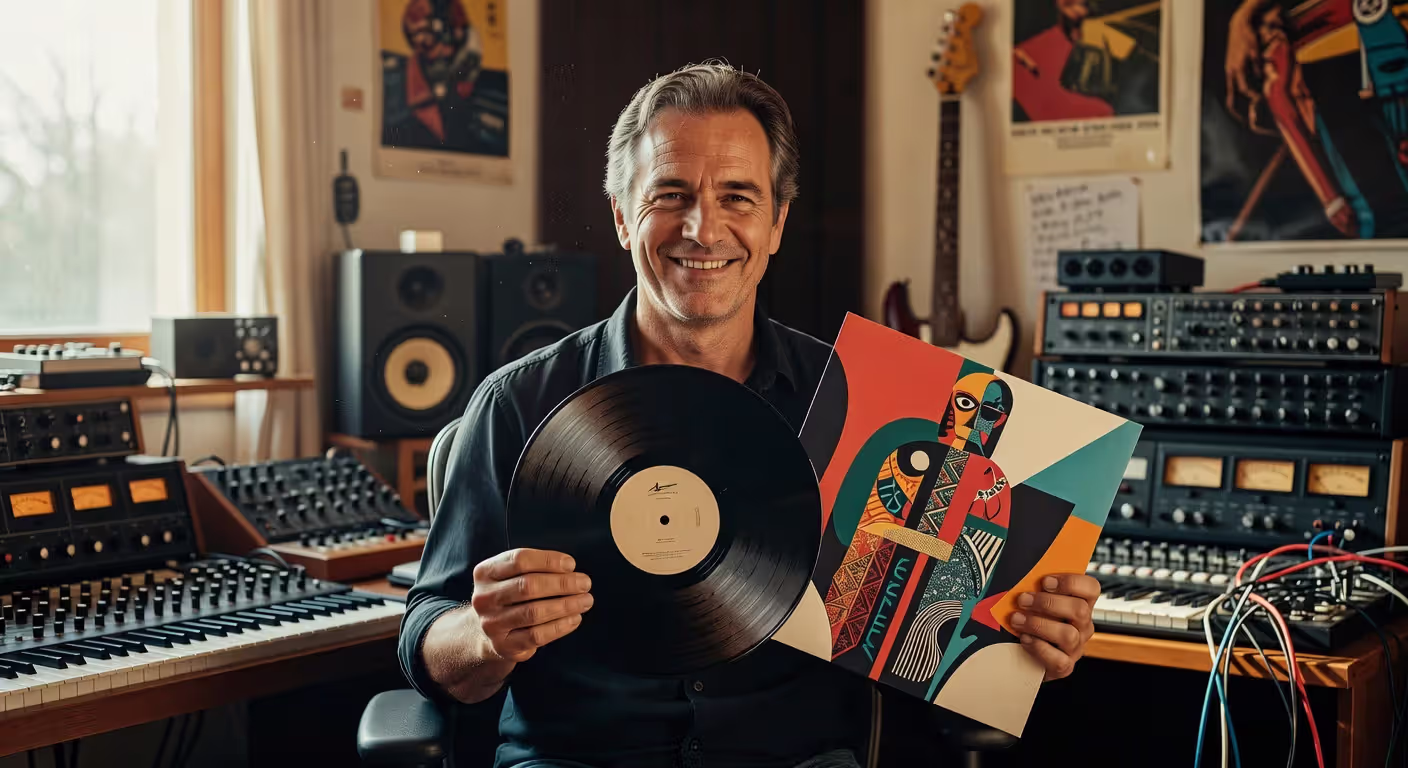 Artist holding completed album ready for distribution and release