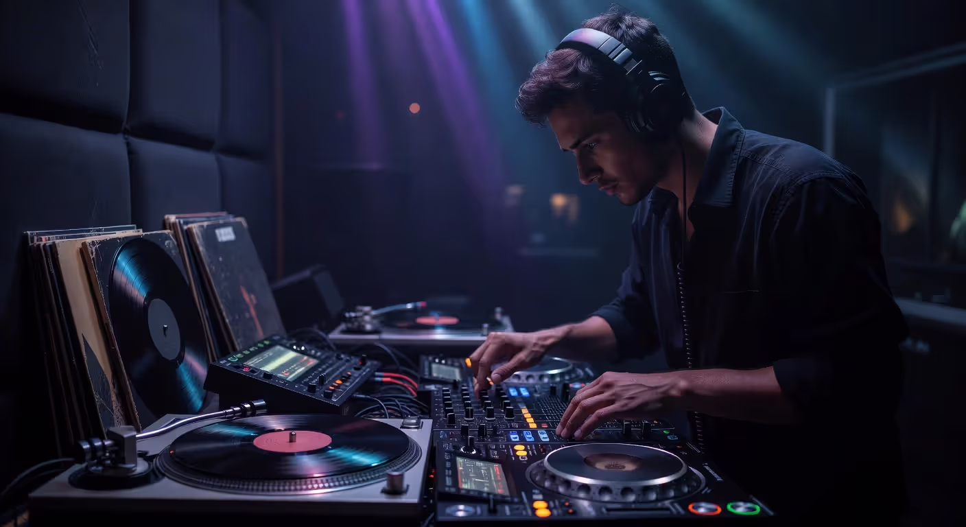 DJ adjusting tempo on professional mixing equipment