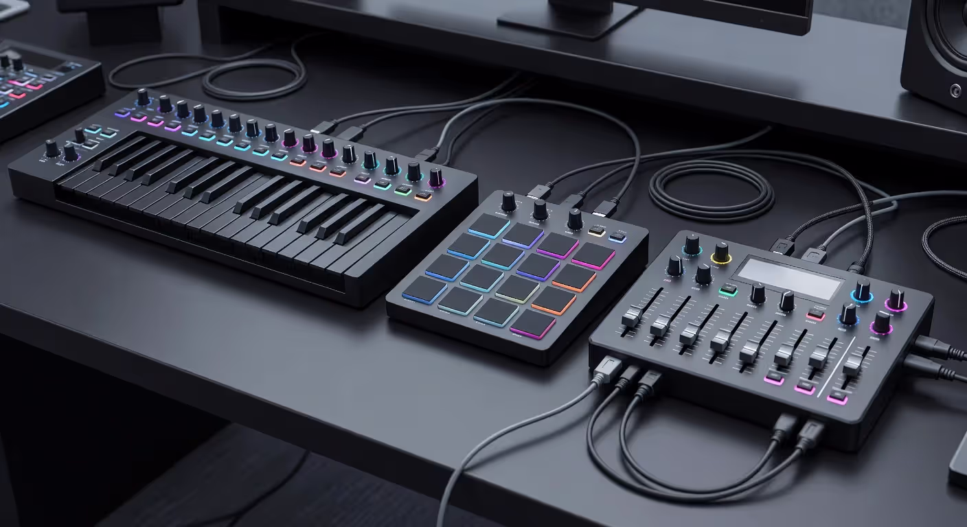 Common MIDI input devices in a music production setup