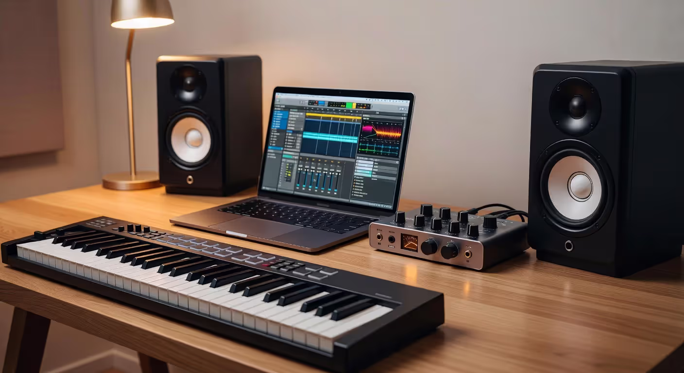 Home music production studio with DAW and audio interface