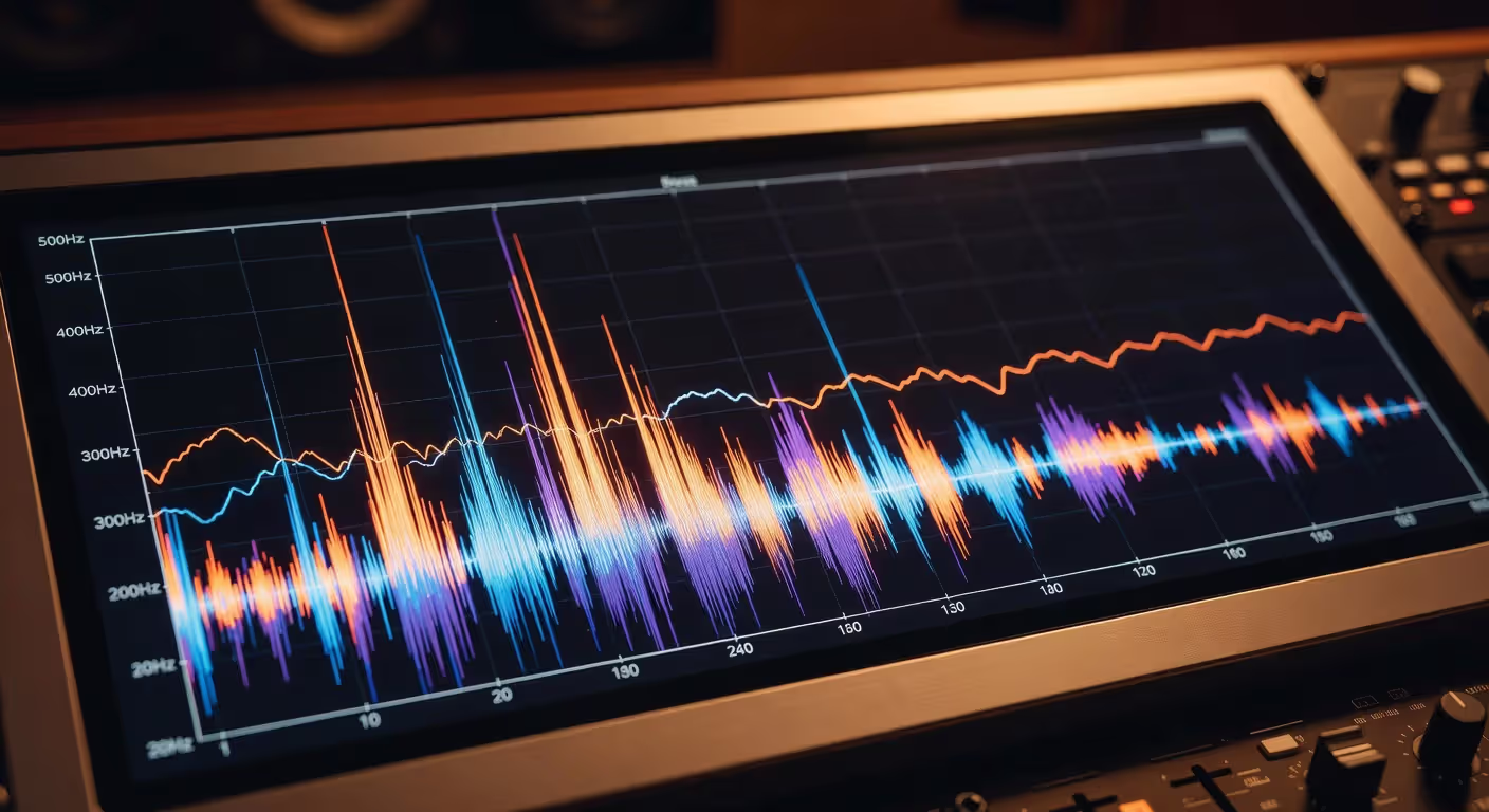Frequency spectrum analyzer showing bass tone harmonics and low-end energy distribution