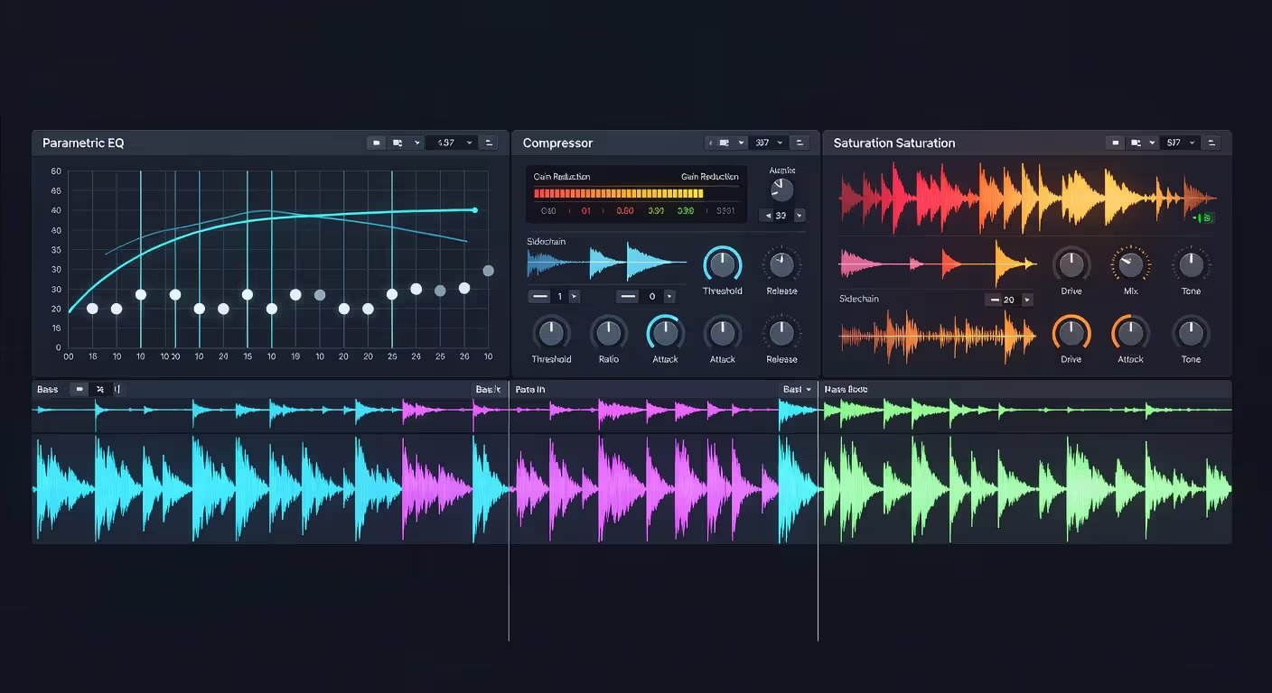 DAW session with bass processing chain and effects plugins