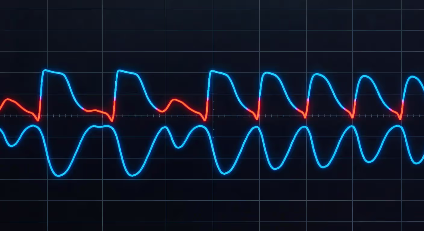 Digital audio waveform showing clipped peaks versus normal peaks