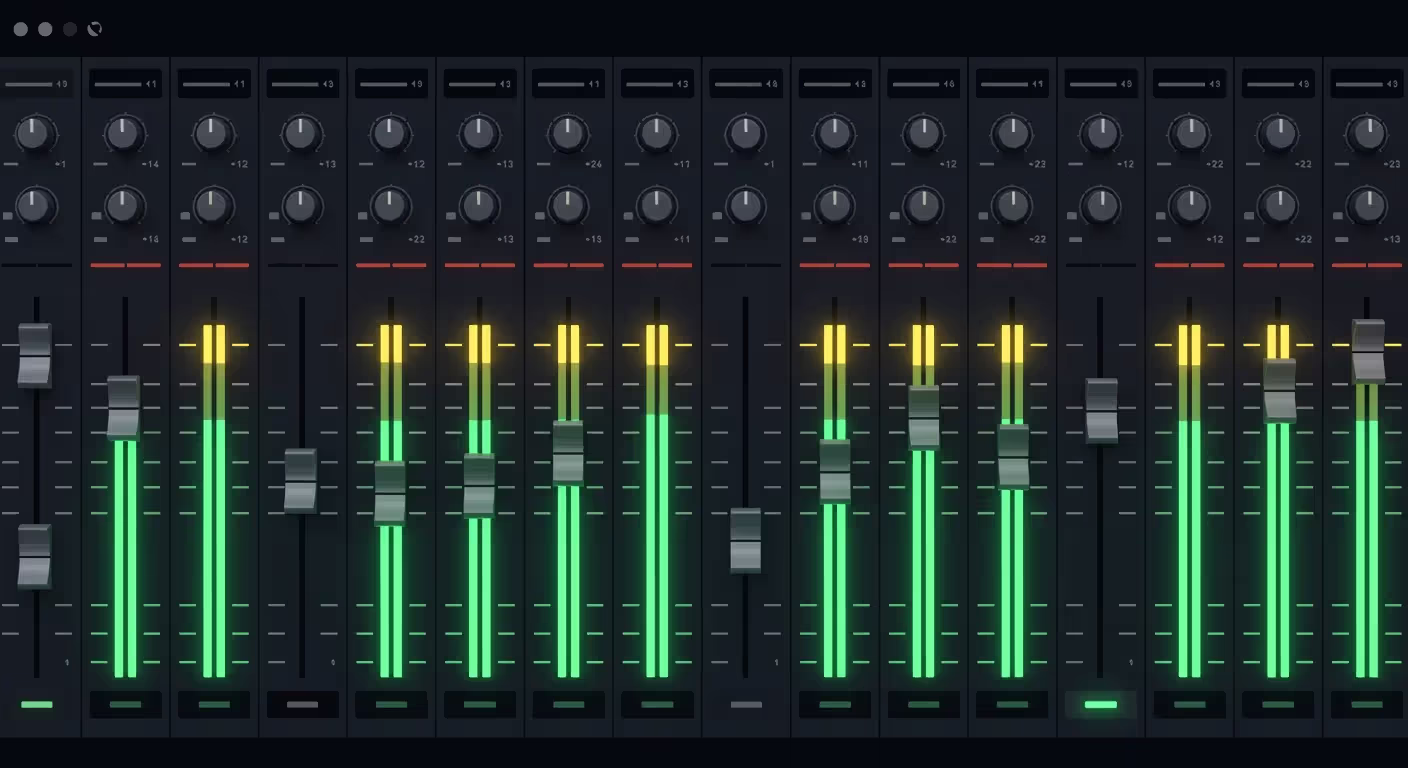 DAW mixer showing proper gain staging with healthy headroom on multiple tracks
