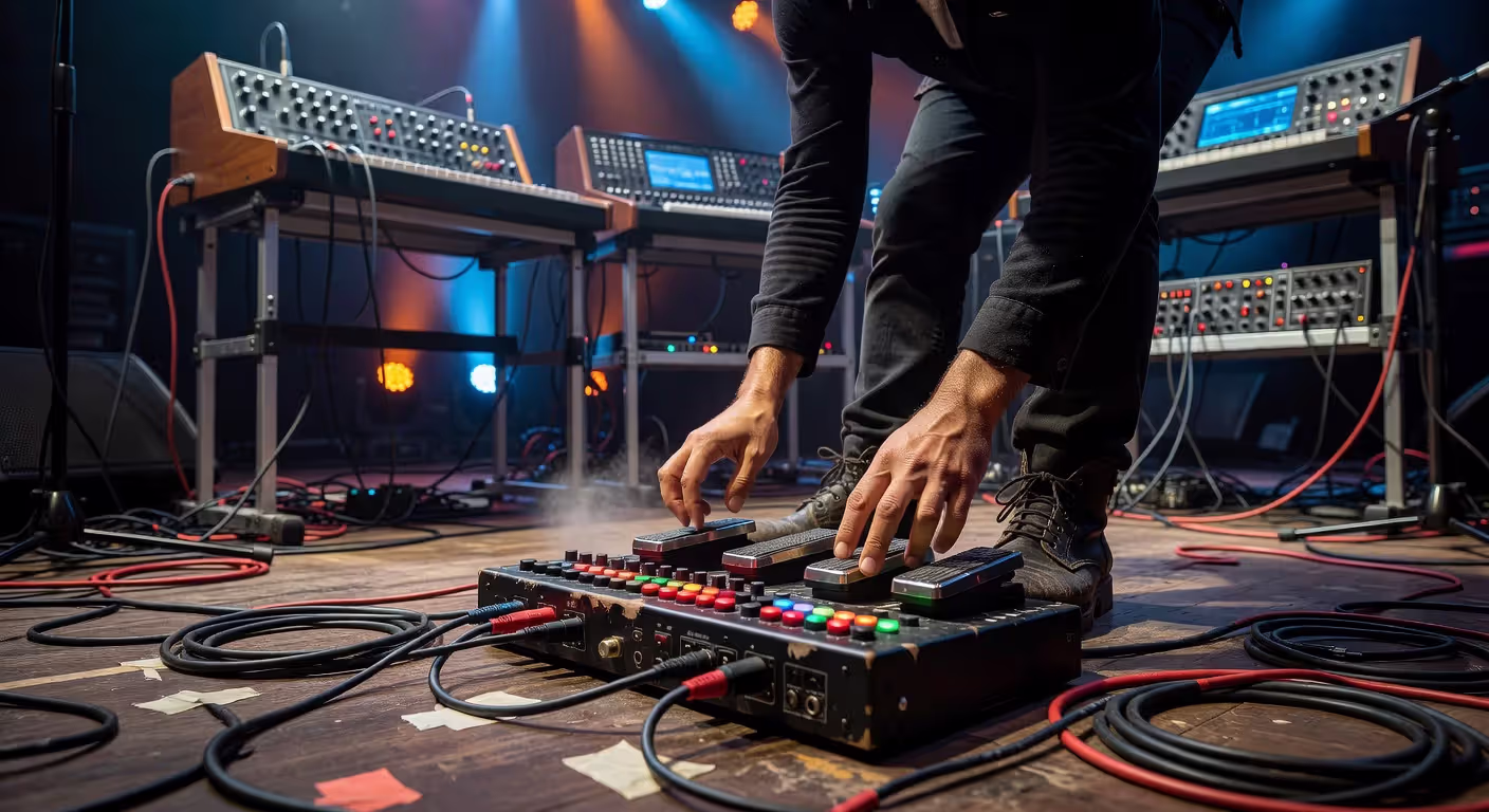 Musician using foot controller to send program changes to hardware synths during live performance