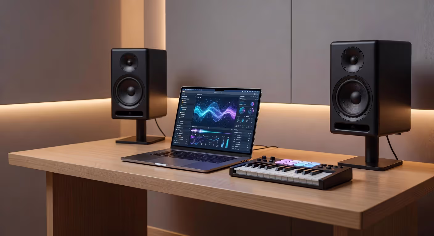 AI music production workspace with digital audio workstation