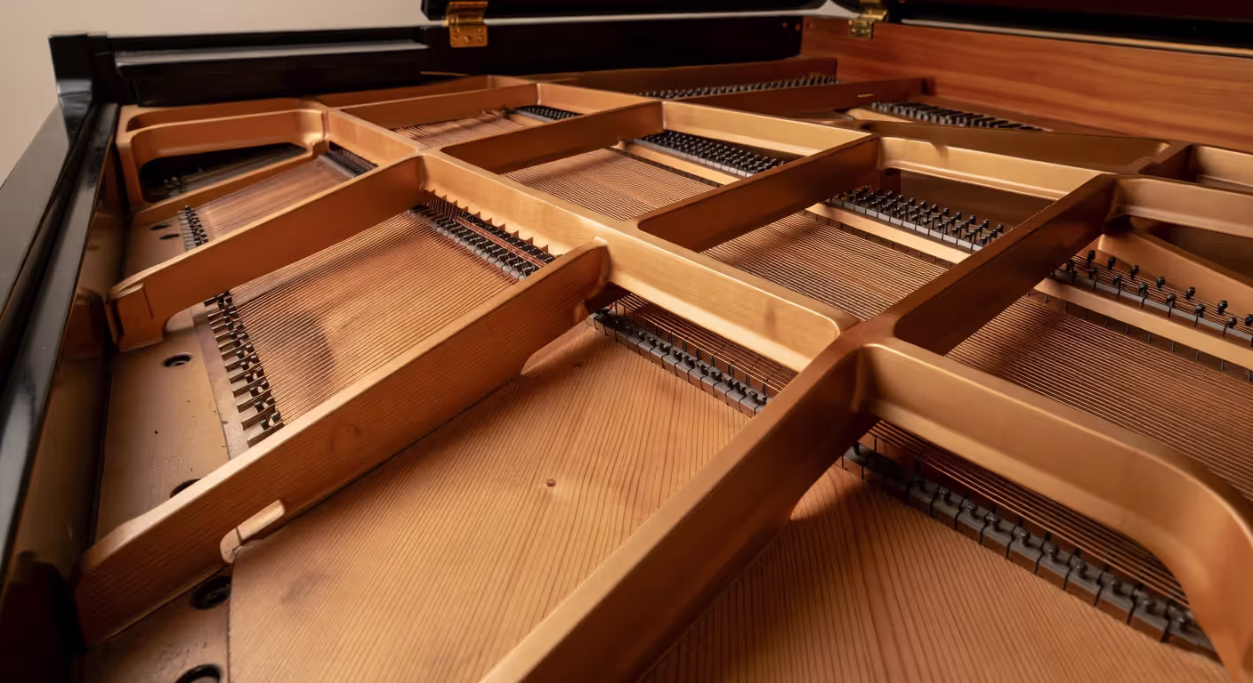 Grand piano soundboard and string attachment detail