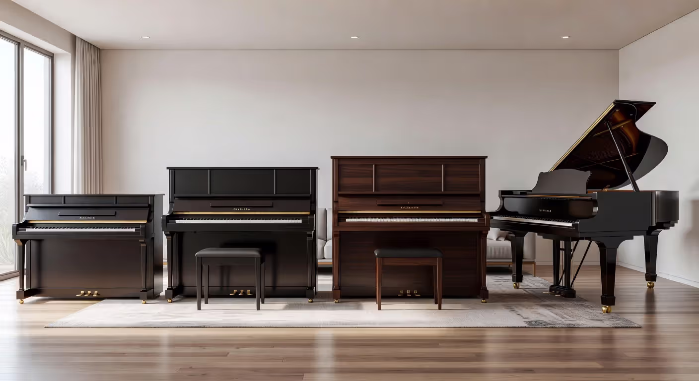 Comparison of different small piano types showing relative sizes