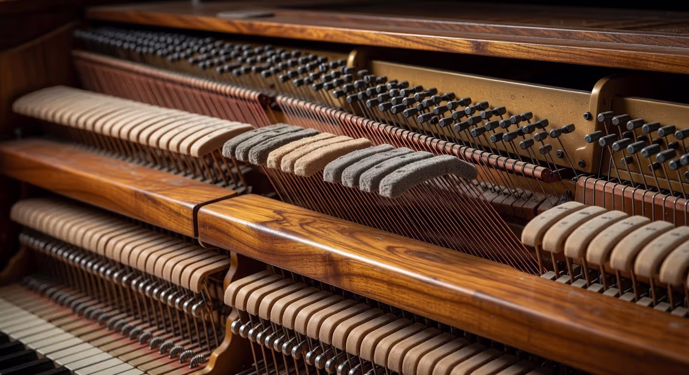 Interior mechanism of a console piano showing action and strings
