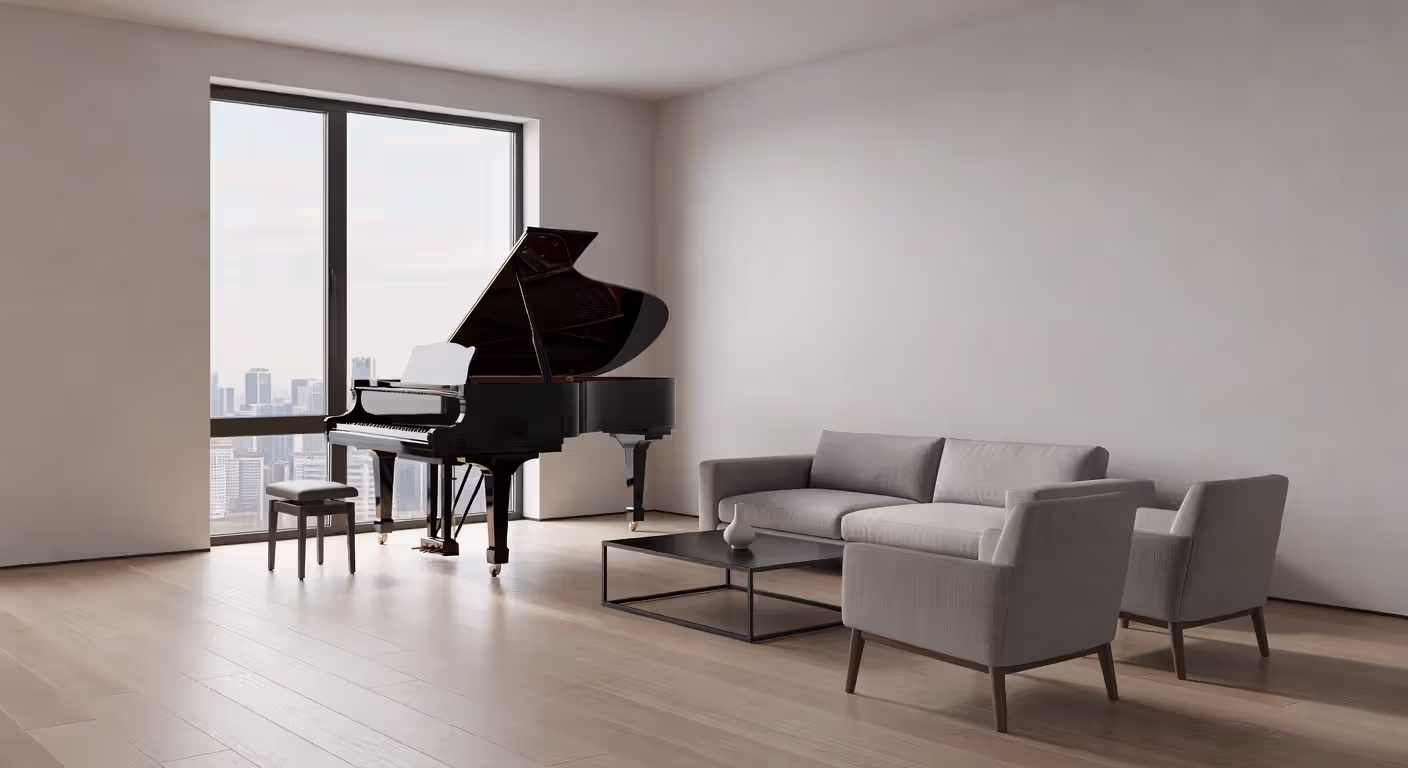 Baby grand piano in apartment setting showing space requirements