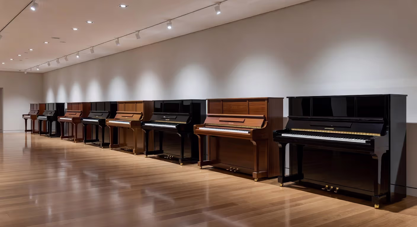 Piano showroom displaying various upright piano sizes