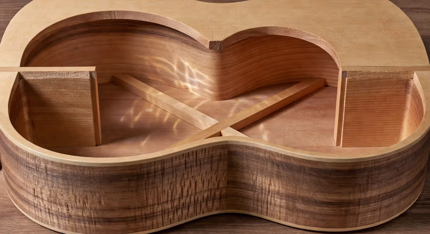 Acoustic guitar internal structure showing tonewood grain and sound chamber