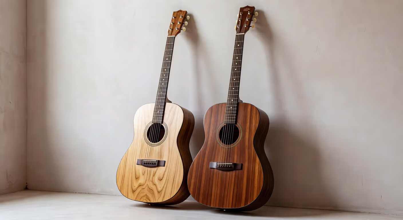 Okoume and mahogany acoustic guitars side by side comparison