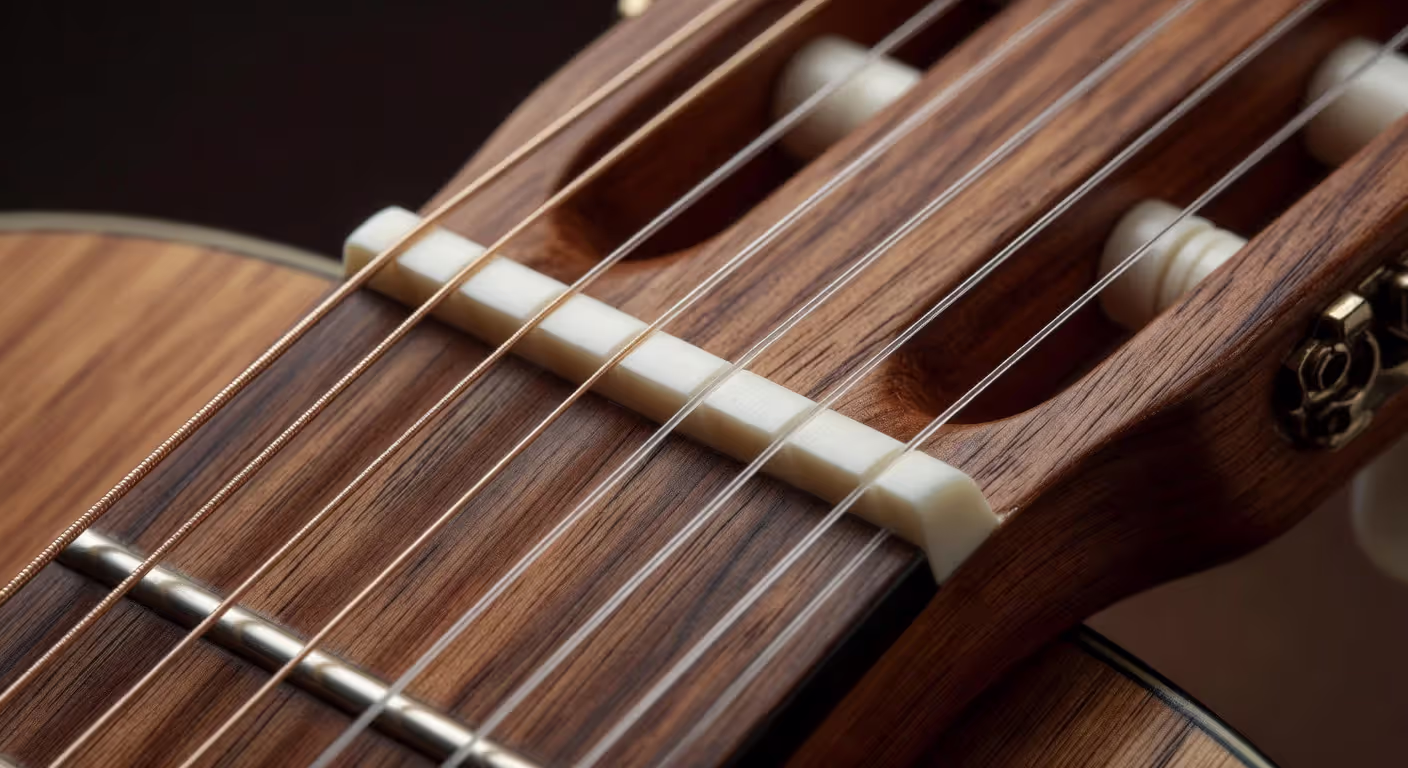 Classical guitar nut close-up showing string spacing