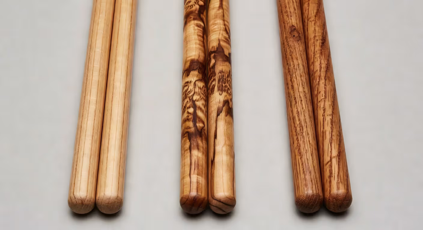 Different wood types used in drumstick manufacturing showing grain patterns