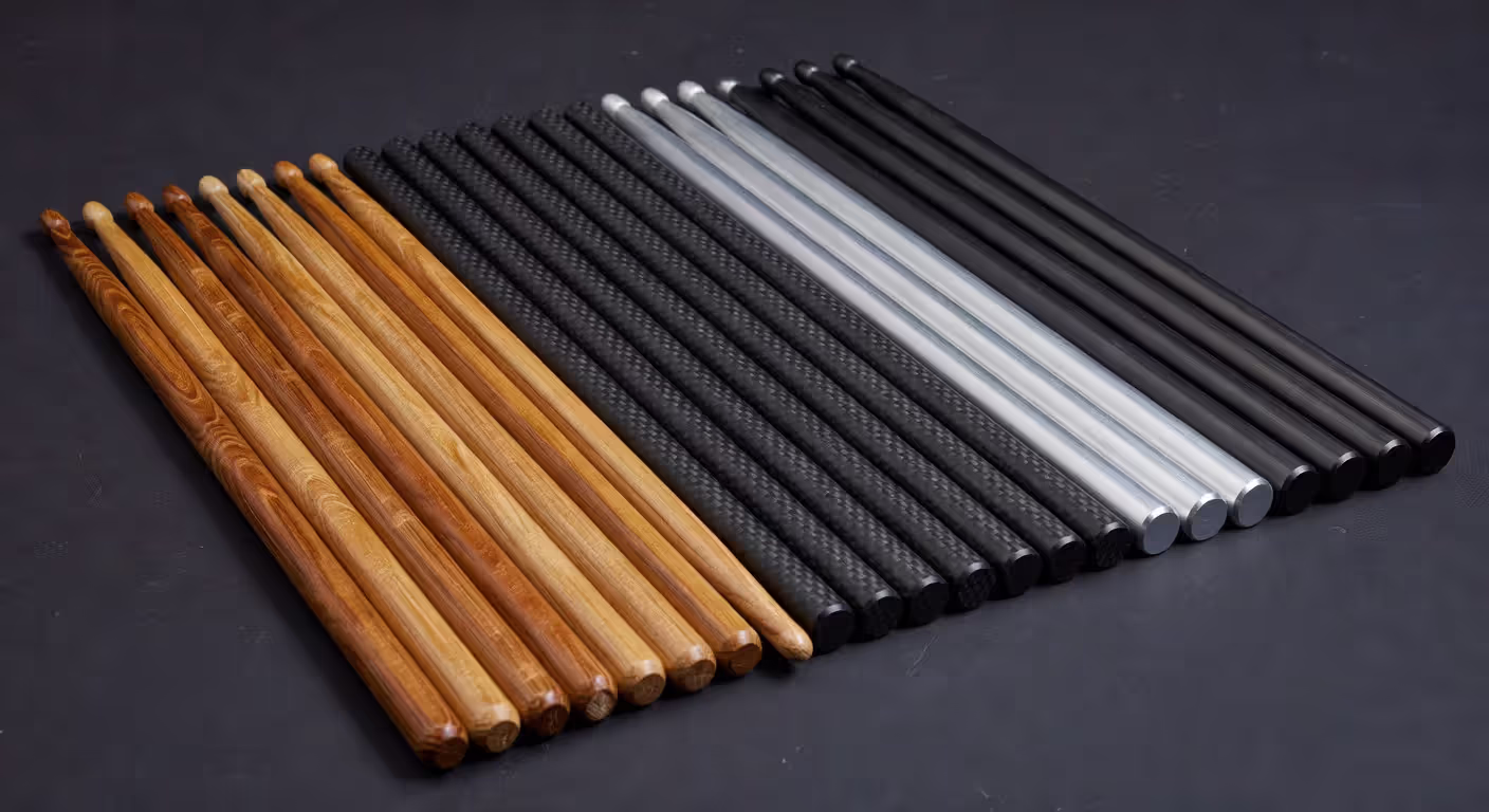 Synthetic drumsticks including carbon fiber and aluminum alternatives