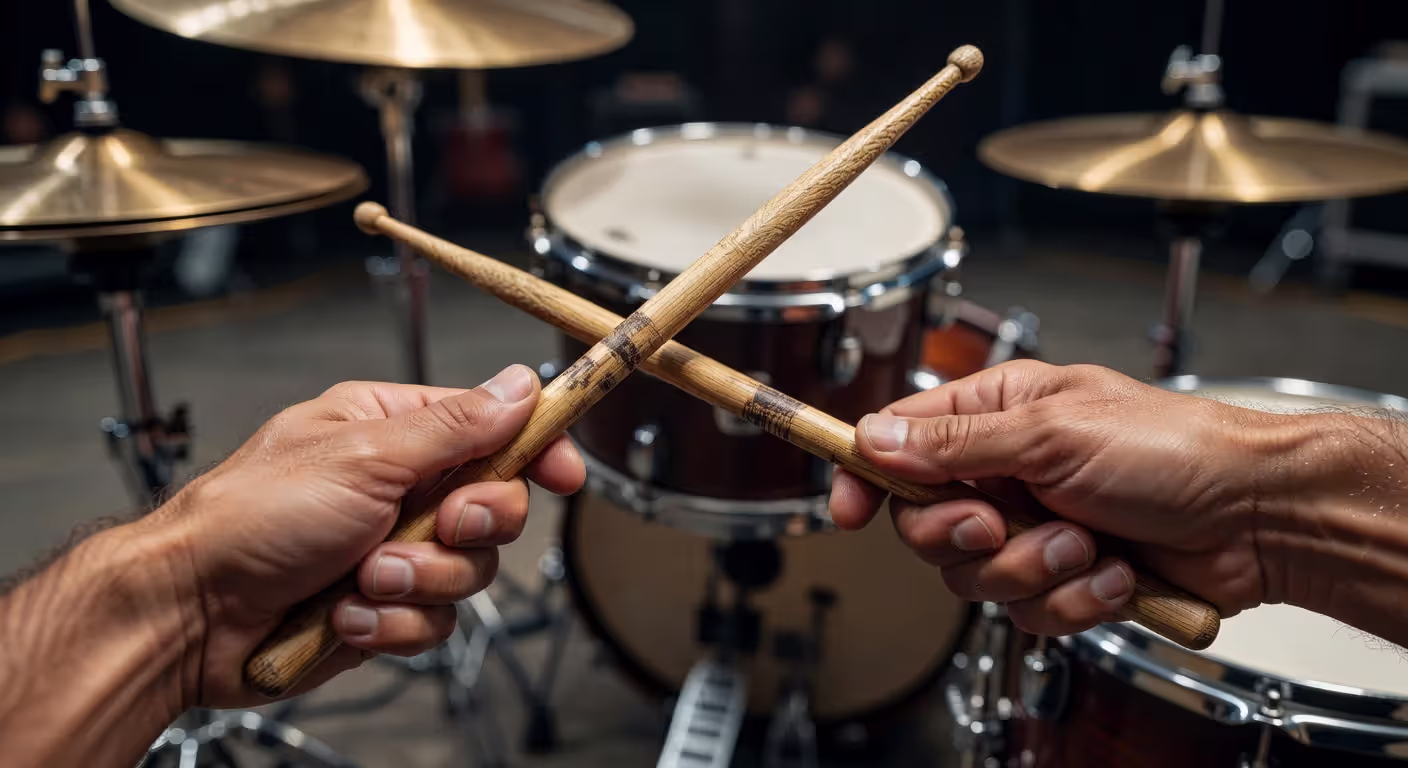 Well-used hickory drumsticks showing typical wear patterns from extended playing
