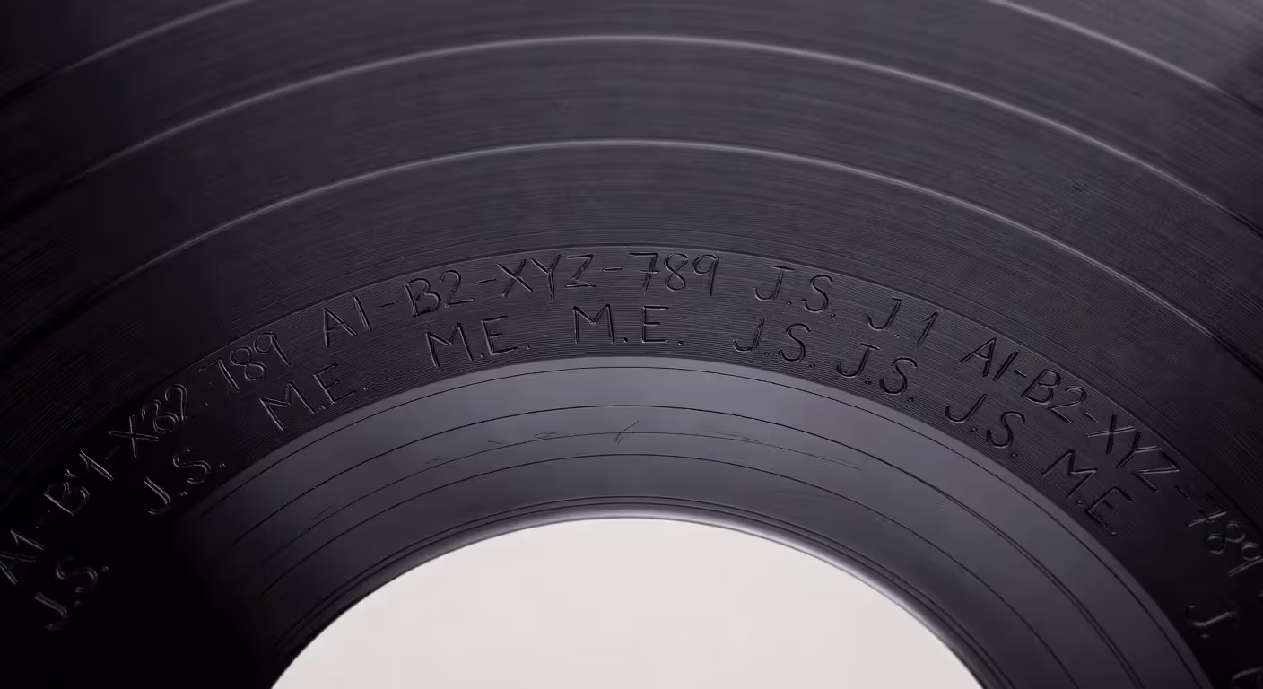 Vinyl record deadwax with matrix numbers and mastering information