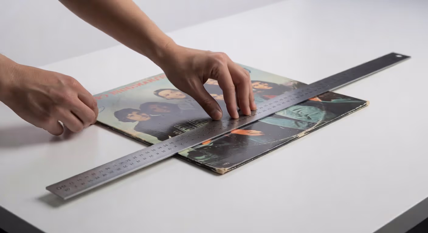 Measuring vinyl record cover dimensions with a ruler for accurate framing