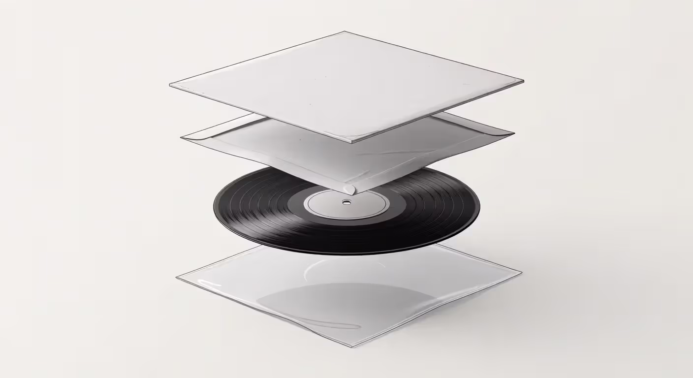 Vinyl record packaging components showing outer sleeve, inner sleeve, and protective cover