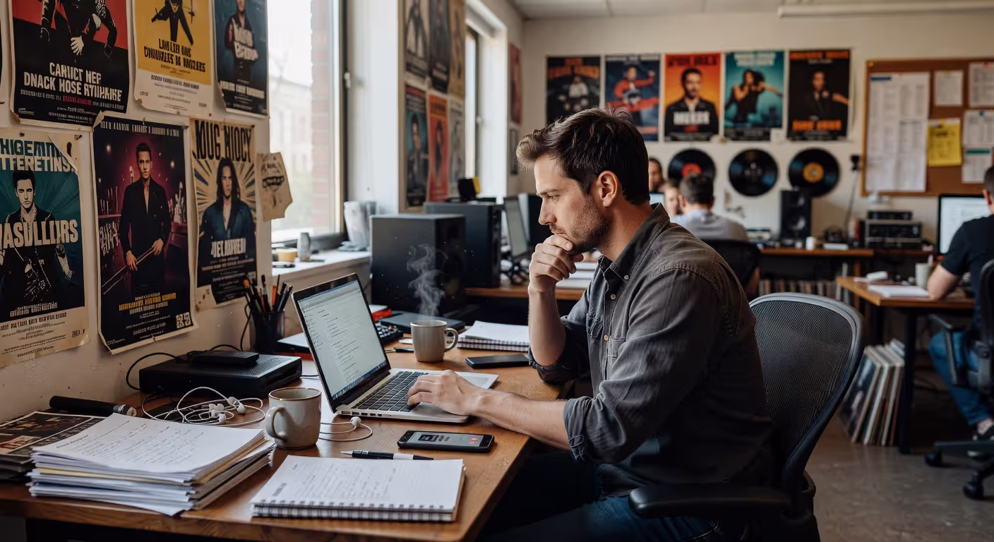 Music manager working in professional office setting