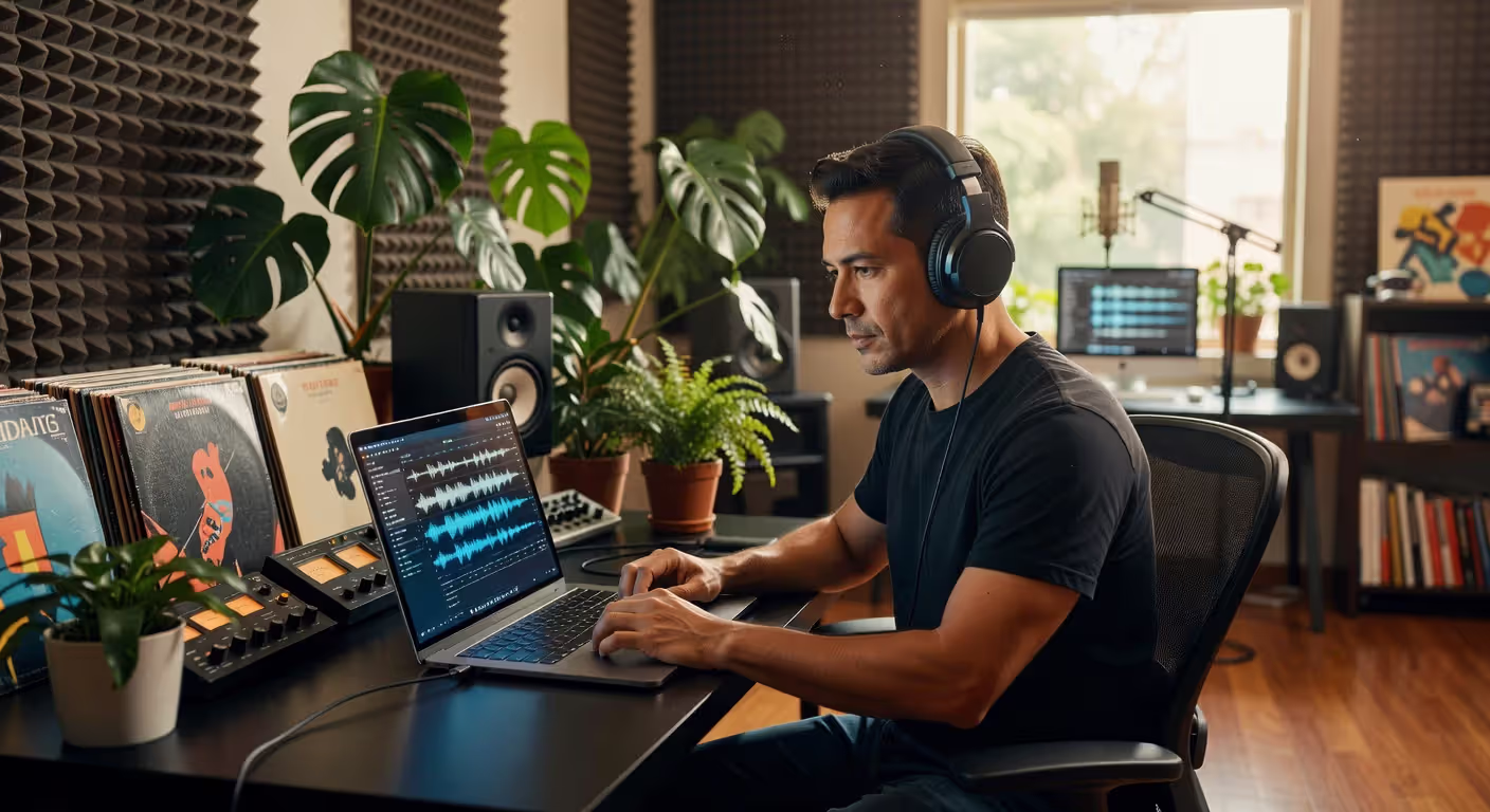 A&R representative reviewing music submissions in studio