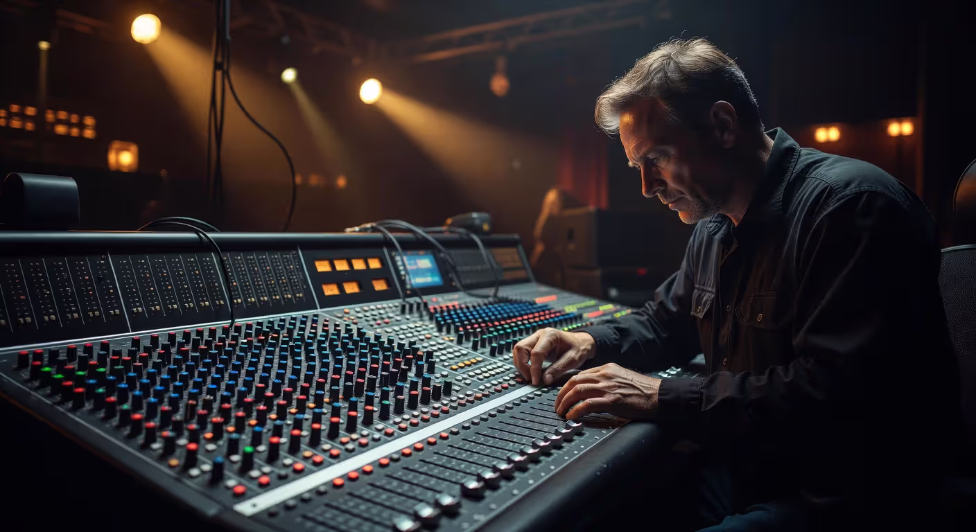 Sound technician operating mixing console at live venue