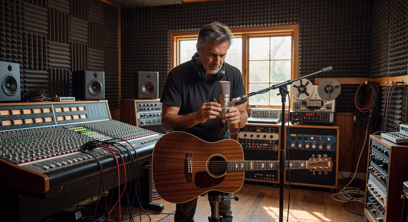 Sound technician setting up microphone in recording studio
