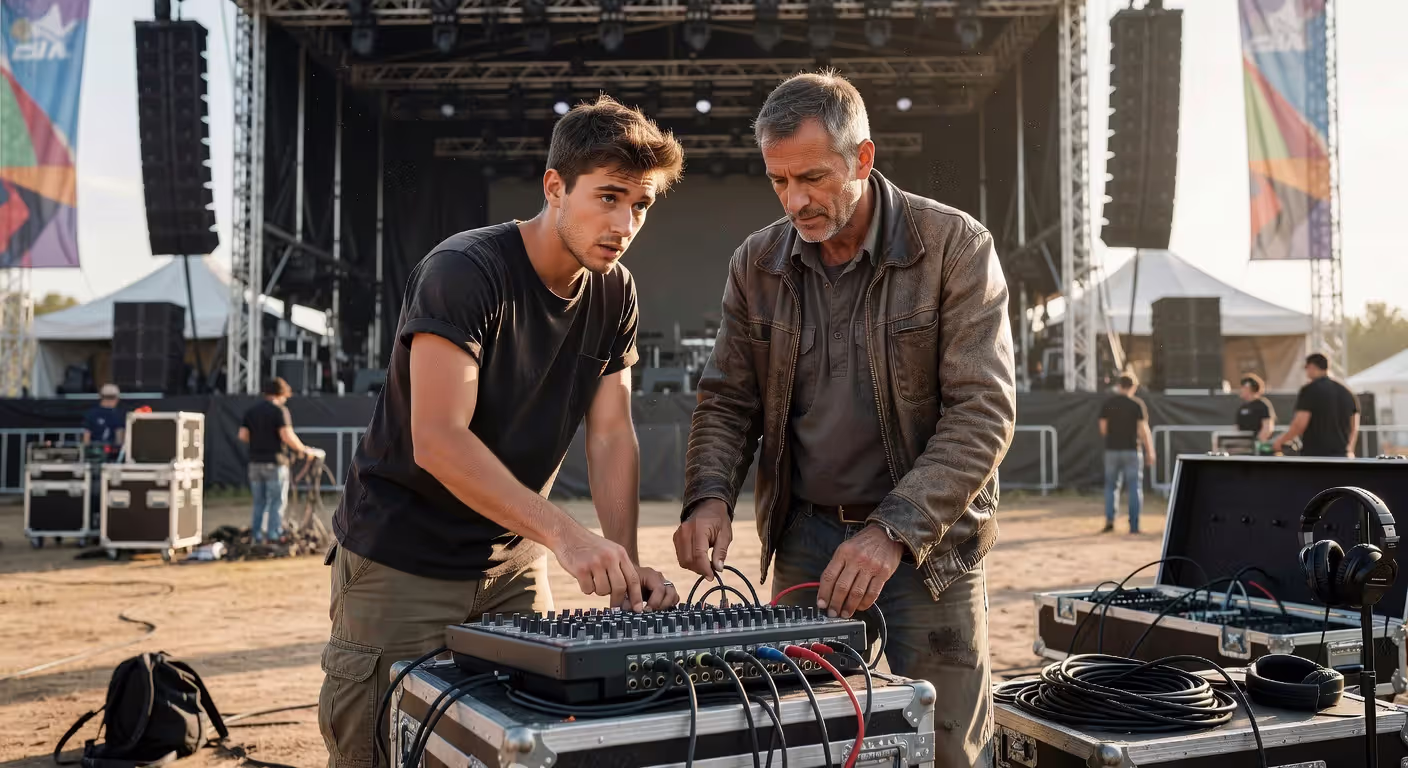 Mentor teaching new sound technician at concert venue