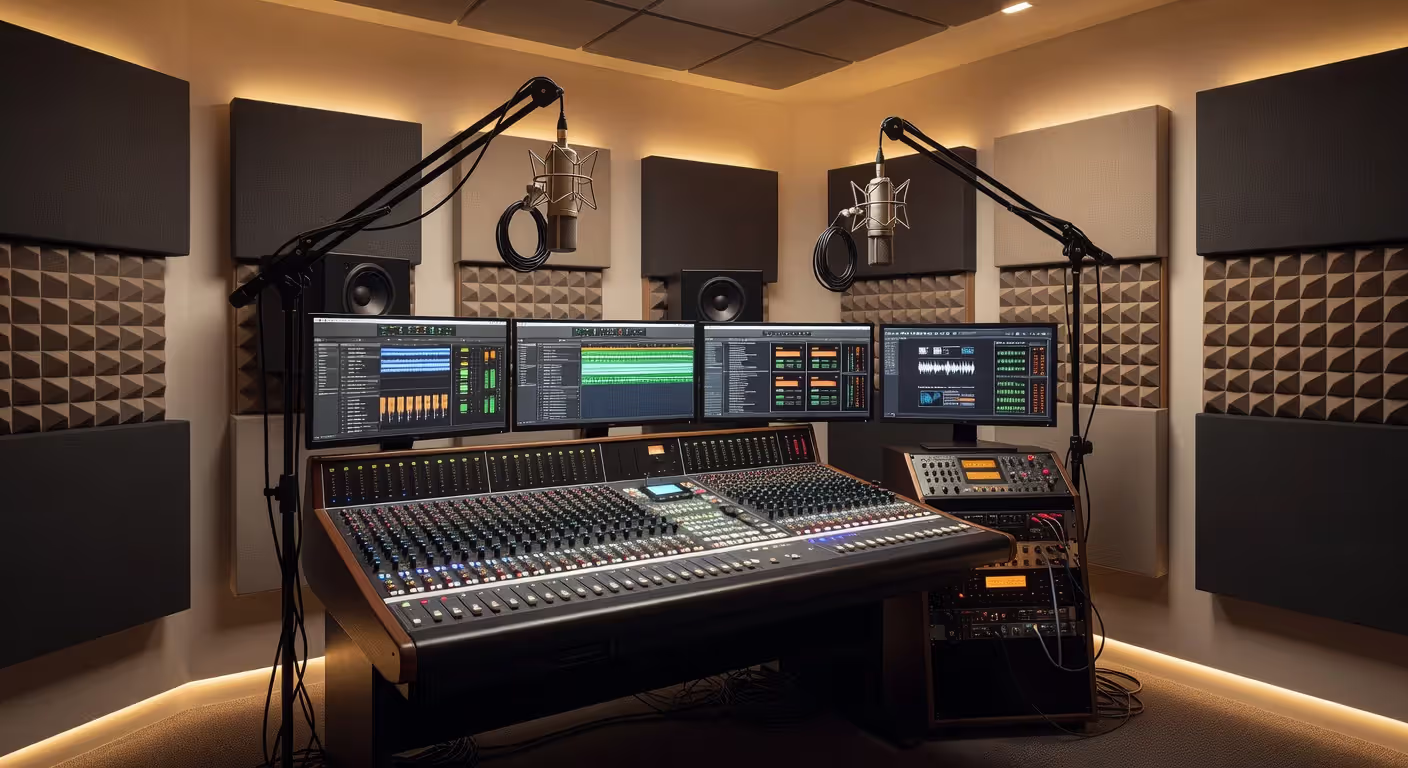 Recording studio setup with audio engineering equipment and workstation