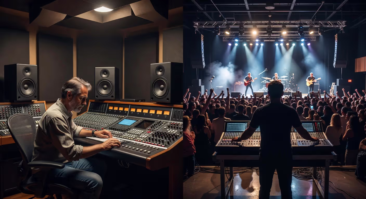 Side-by-side comparison of studio audio engineering and live sound engineering environments