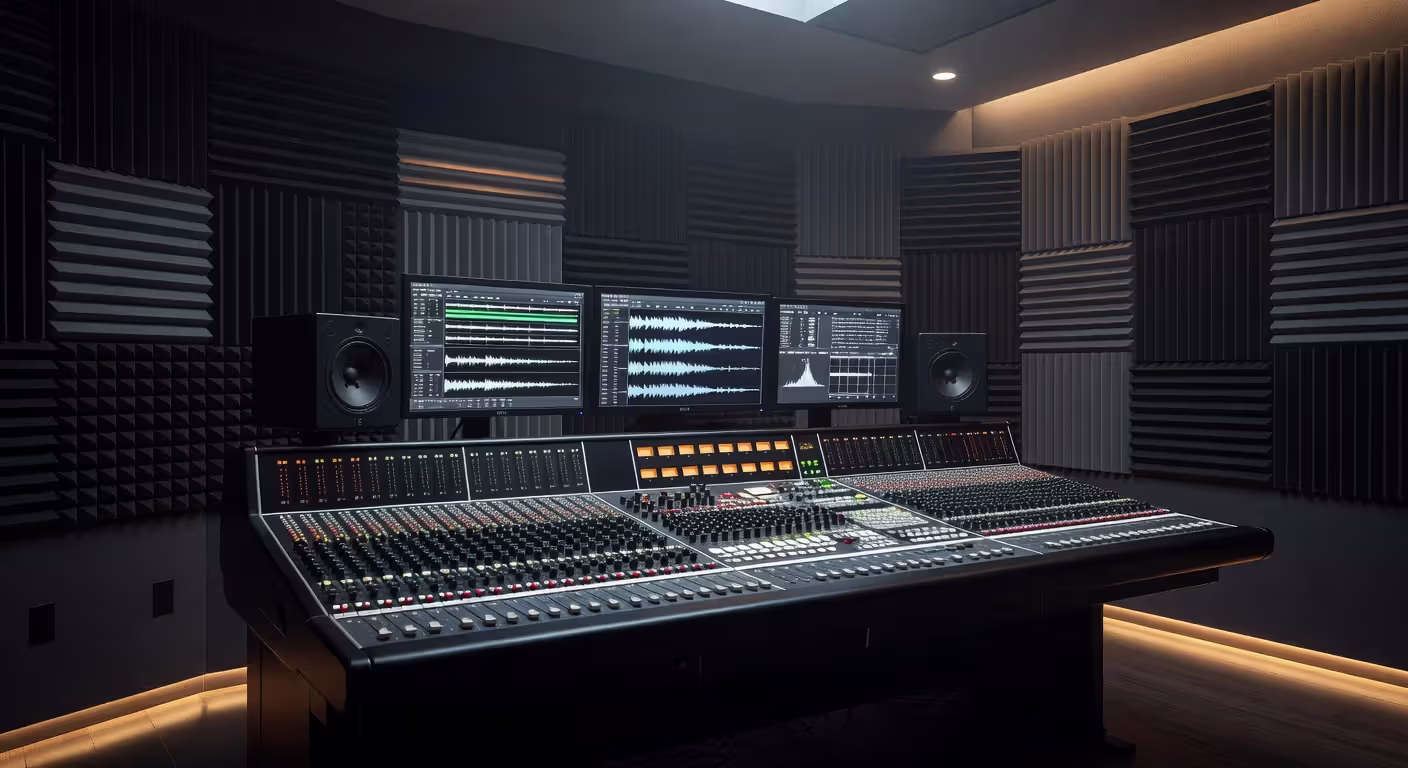 Audio production studio with mixing console and monitors