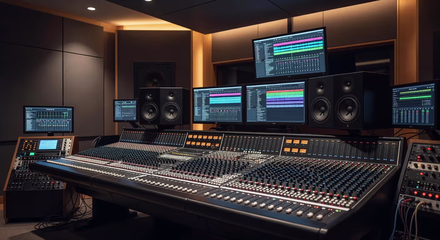 Recording studio control room with mixing console and monitors