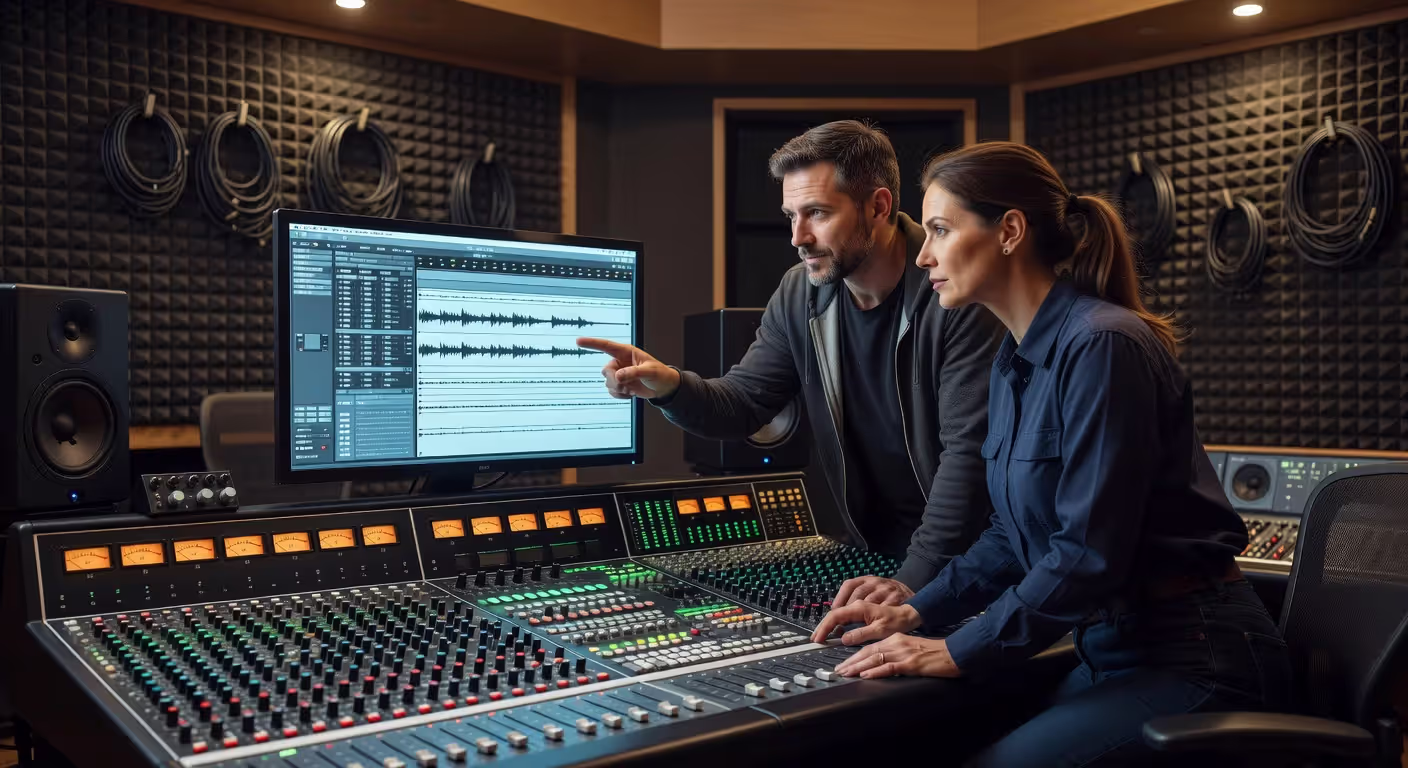 Producer and engineer collaborating at studio mixing console