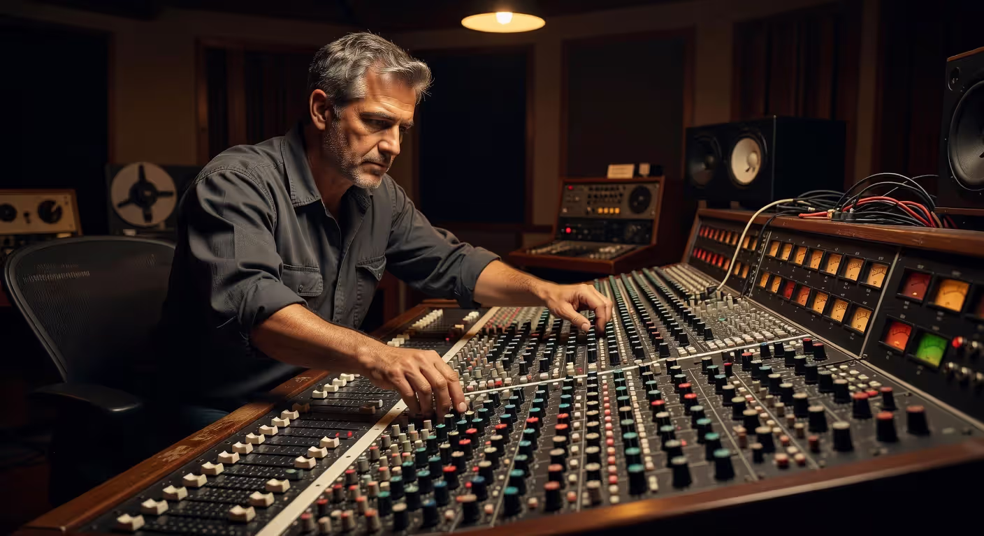 Audio engineer working at mixing console in professional studio