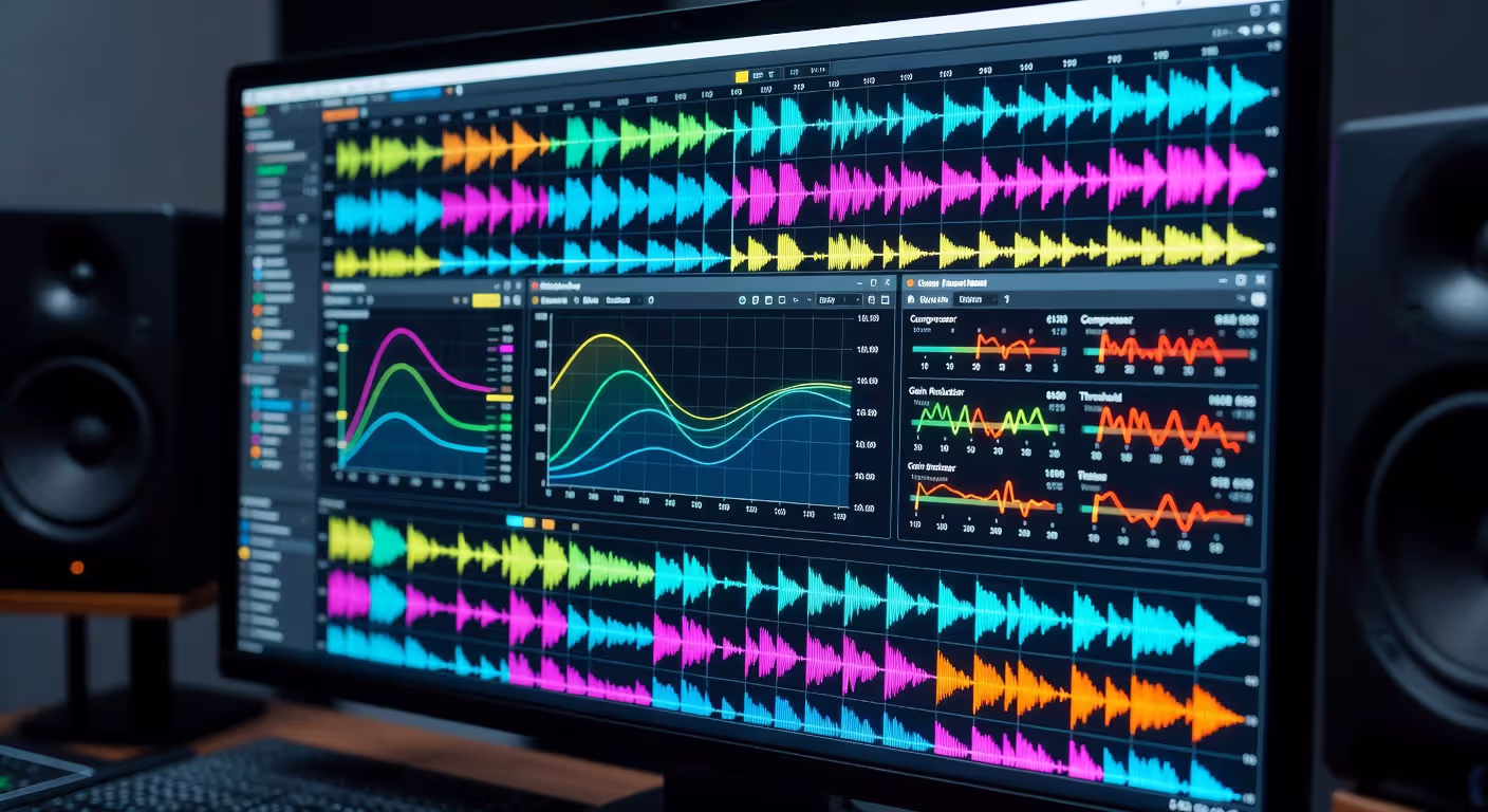 DAW mixing session with plugins and waveforms on computer screen