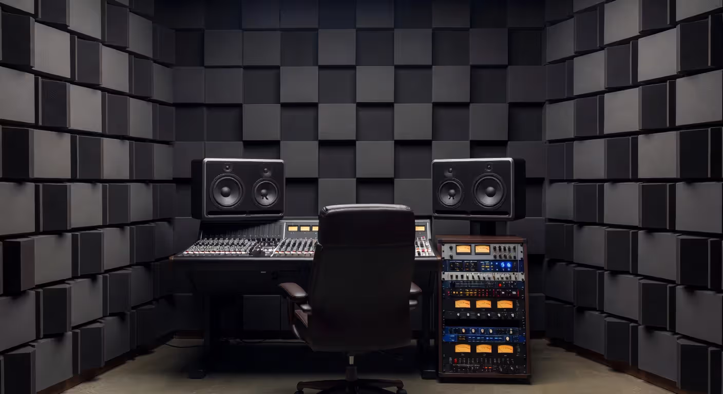 Acoustically treated professional recording studio with monitoring equipment